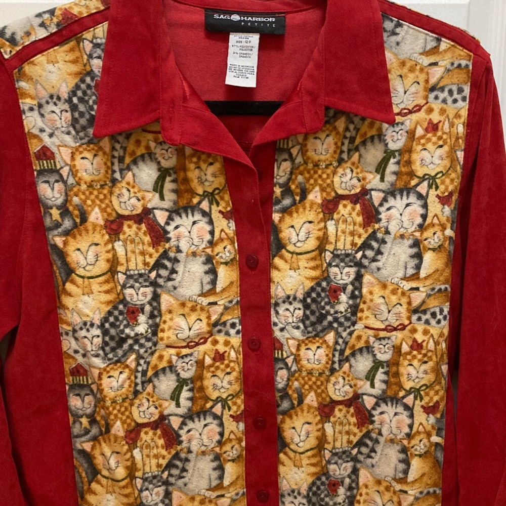 SAG HARBOR kittie cat Red button down shirt 12P